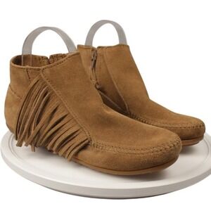 Minnetonka‎ Womens Tan Suede Fringe Side Zip Moccasin Ankle Boots Flat Brown